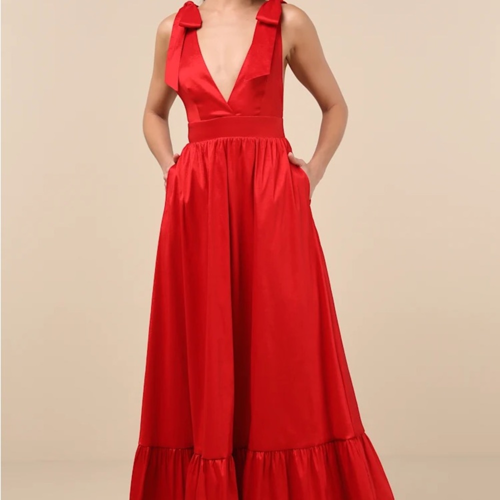 Rare Charm Red Taffeta Tie-Strap Maxi Dress With Pockets